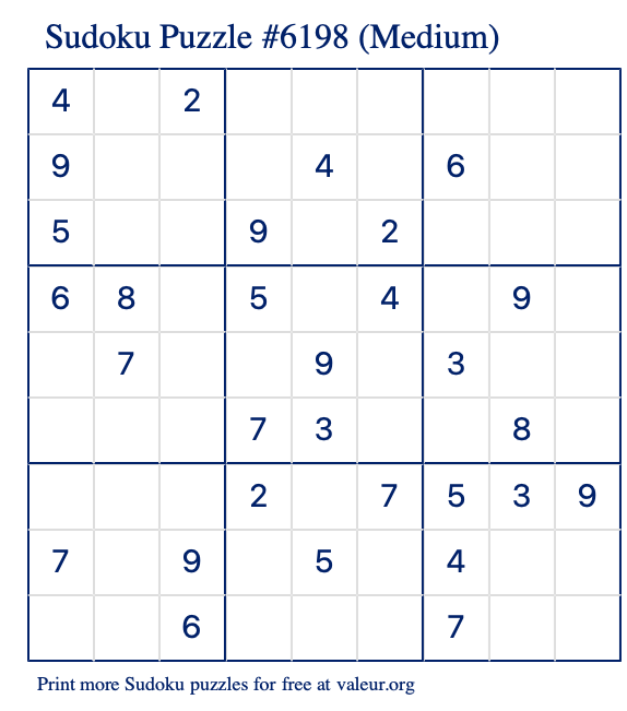Free Printable Medium Sudoku Puzzle number 6198