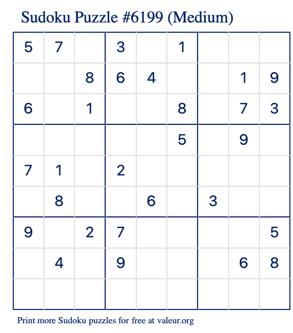 Free Printable Medium Sudoku Puzzle number 6199