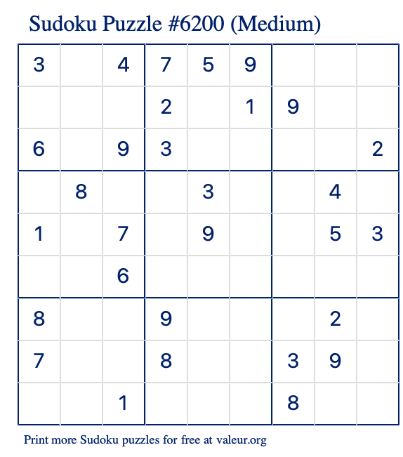 Free Printable Medium Sudoku Puzzle number 6200