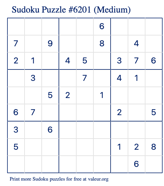 Free Printable Medium Sudoku Puzzle number 6201