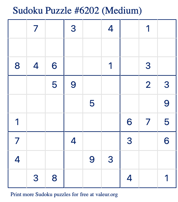 Free Printable Medium Sudoku Puzzle number 6202