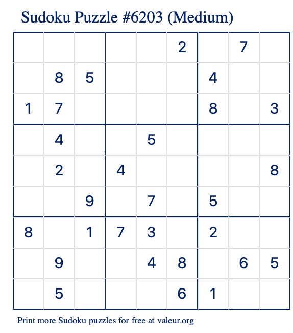 Free Printable Medium Sudoku Puzzle number 6203