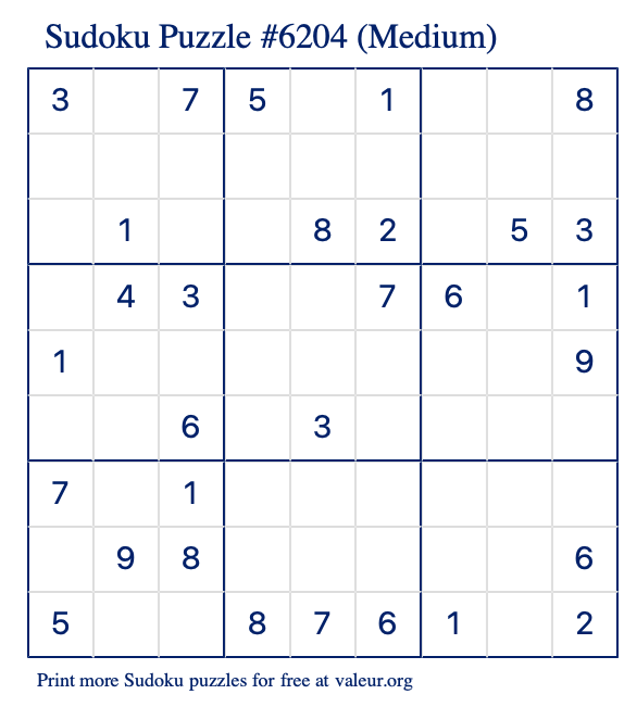 Free Printable Medium Sudoku Puzzle number 6204