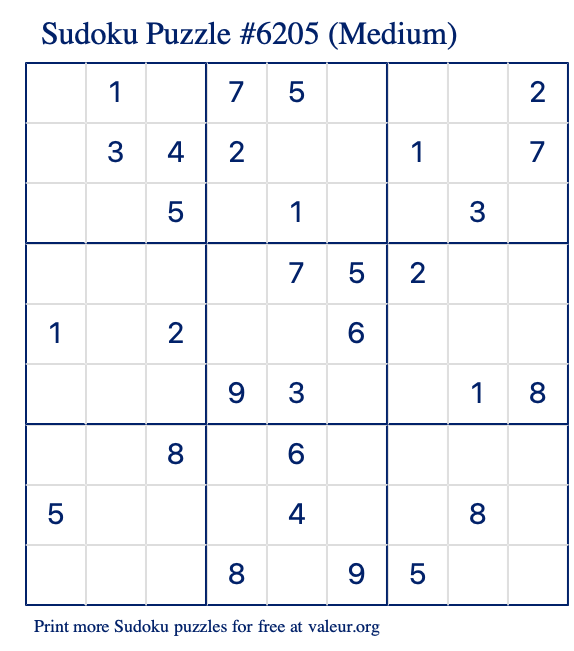 Free Printable Medium Sudoku Puzzle number 6205