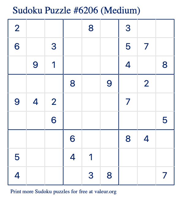 Free Printable Medium Sudoku Puzzle number 6206