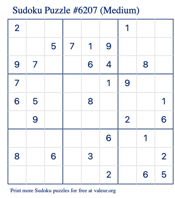Free Printable Medium Sudoku Puzzle number 6207