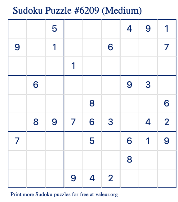 Free Printable Medium Sudoku Puzzle number 6209