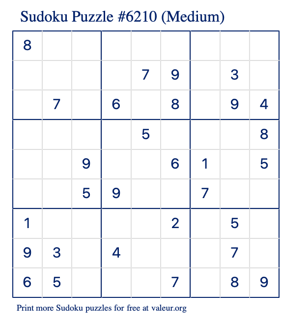 Free Printable Medium Sudoku Puzzle number 6210