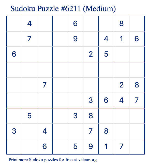 Free Printable Medium Sudoku Puzzle number 6211