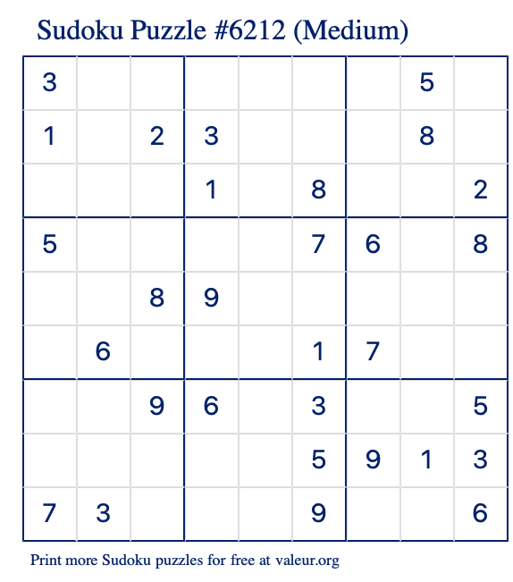 Free Printable Medium Sudoku Puzzle number 6212