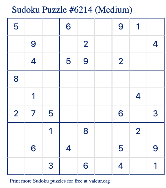 Free Printable Medium Sudoku Puzzle number 6214