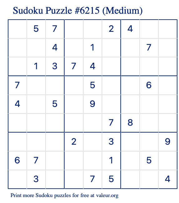 Free Printable Medium Sudoku Puzzle number 6215