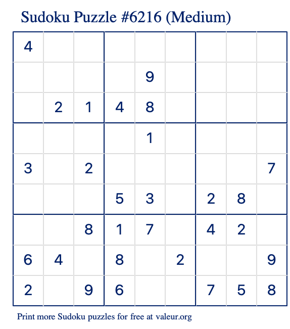 Free Printable Medium Sudoku Puzzle number 6216