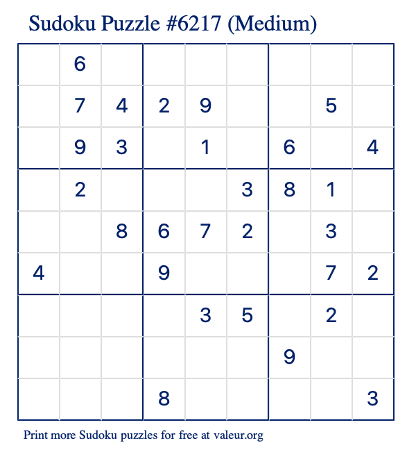 Free Printable Medium Sudoku Puzzle number 6217