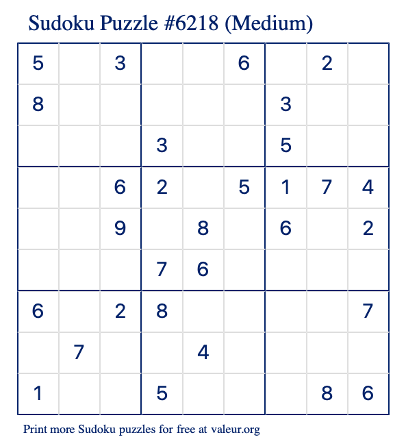Free Printable Medium Sudoku Puzzle number 6218