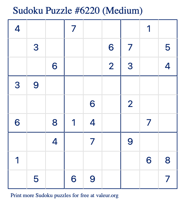 Free Printable Medium Sudoku Puzzle number 6220