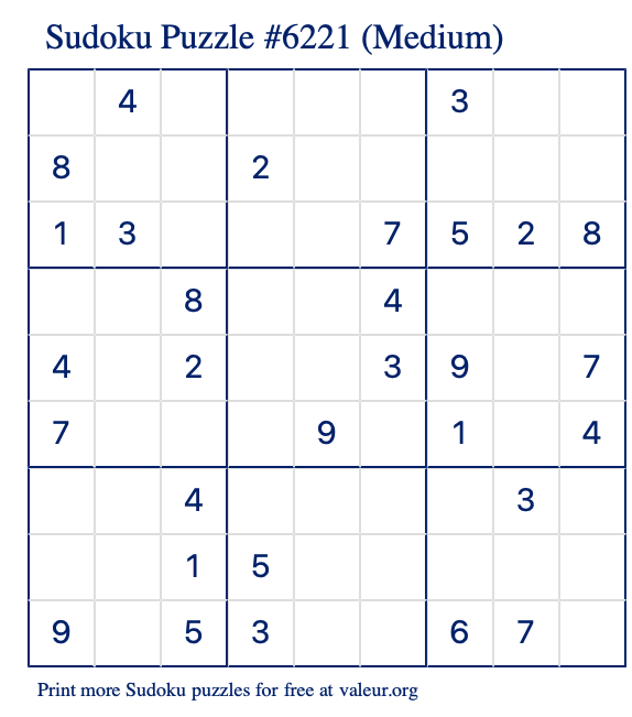 Free Printable Medium Sudoku Puzzle number 6221