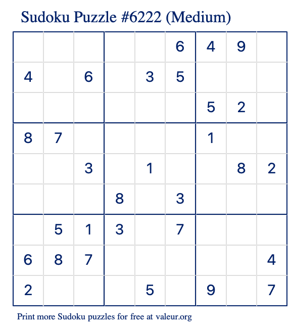 Free Printable Medium Sudoku Puzzle number 6222