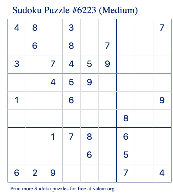 Free Printable Medium Sudoku Puzzle number 6223