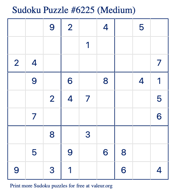 Free Printable Medium Sudoku Puzzle number 6225