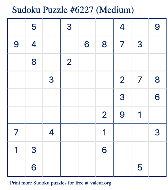 Free Printable Medium Sudoku Puzzle number 6227