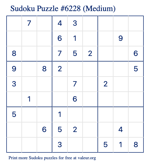 Free Printable Medium Sudoku Puzzle number 6228