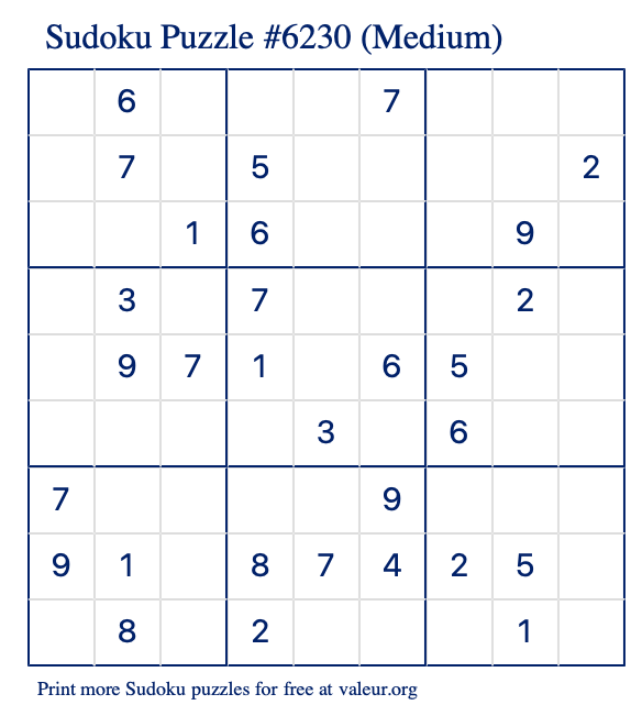 Free Printable Medium Sudoku Puzzle number 6230