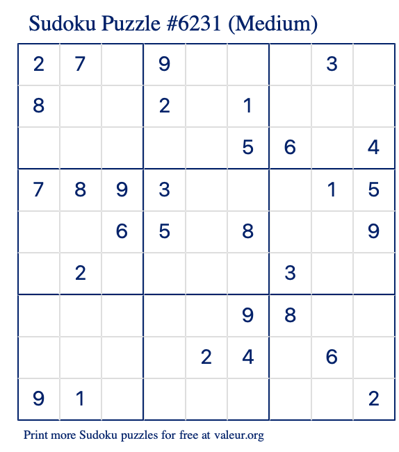 Free Printable Medium Sudoku Puzzle number 6231