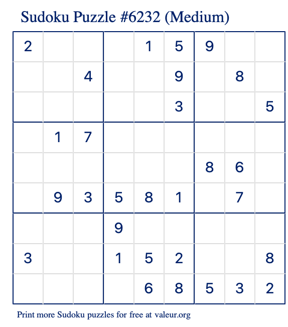 Free Printable Medium Sudoku Puzzle number 6232