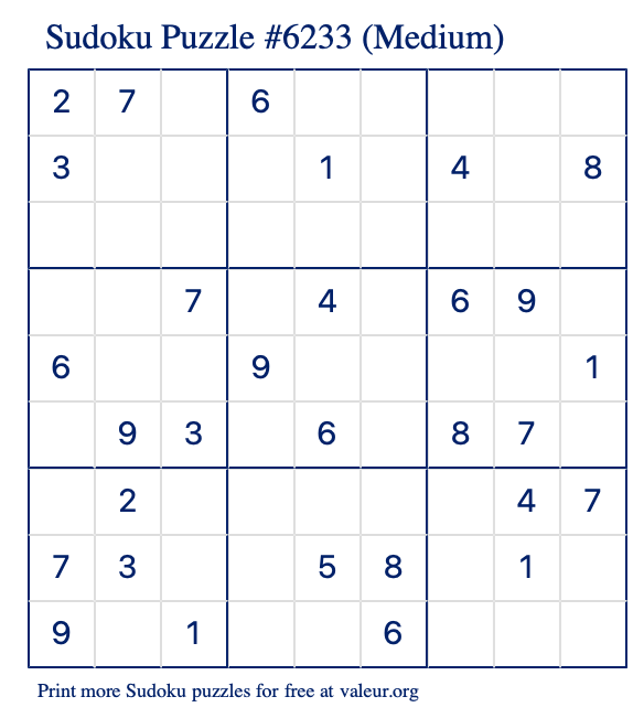 Free Printable Medium Sudoku Puzzle number 6233