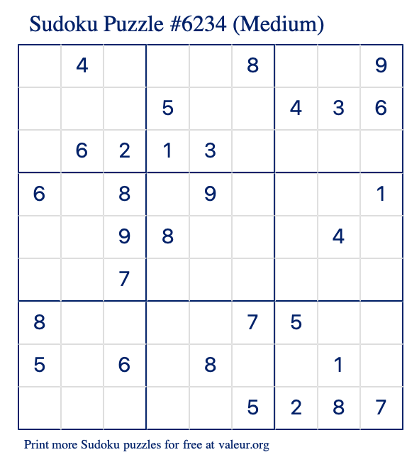 Free Printable Medium Sudoku Puzzle number 6234