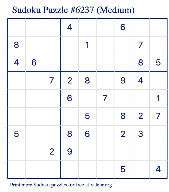 Free Printable Medium Sudoku Puzzle number 6237