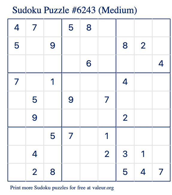 Free Printable Medium Sudoku Puzzle number 6243