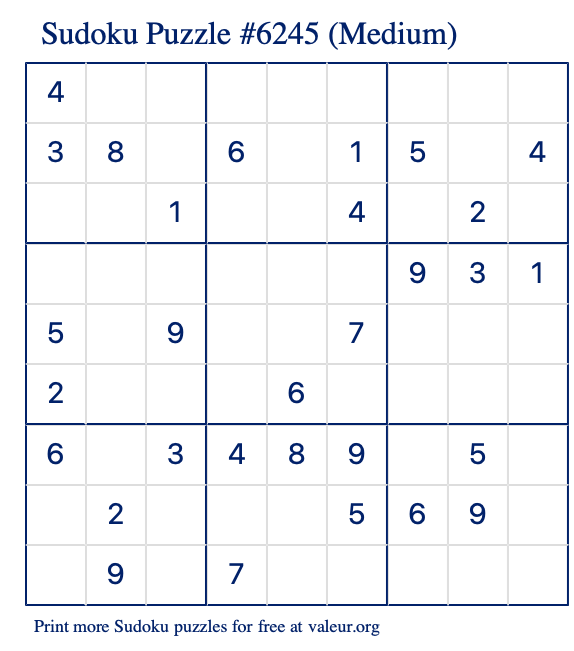 Free Printable Medium Sudoku Puzzle number 6245