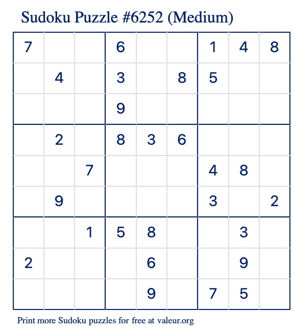 Free Printable Medium Sudoku Puzzle number 6252