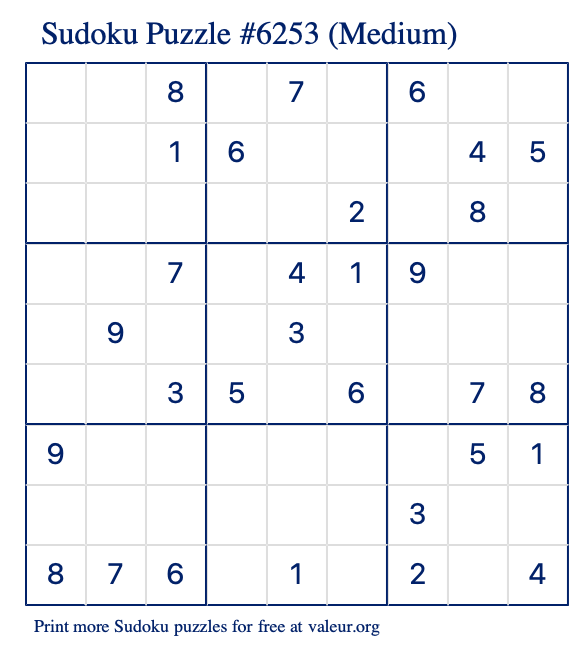 Free Printable Medium Sudoku Puzzle number 6253