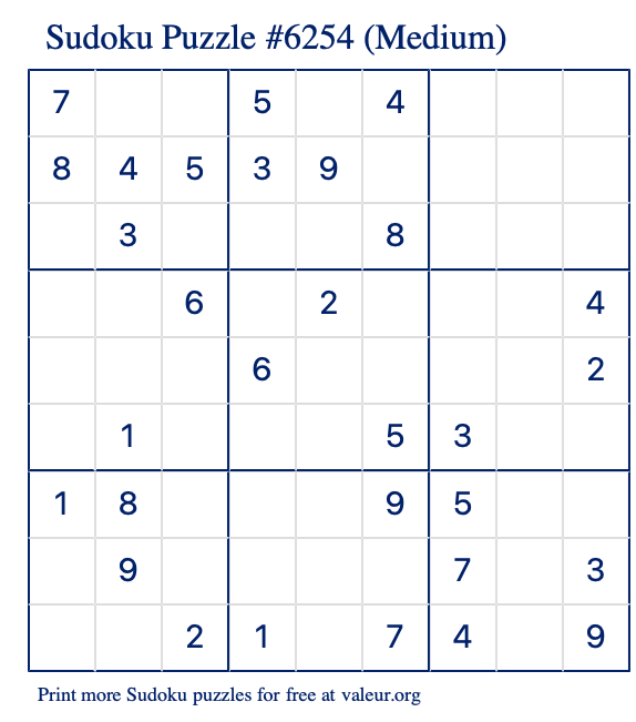 Free Printable Medium Sudoku Puzzle number 6254