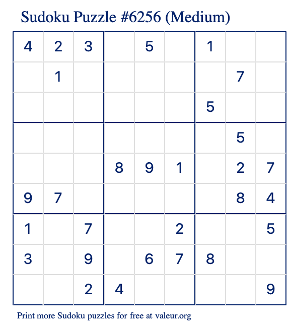 Free Printable Medium Sudoku Puzzle number 6256