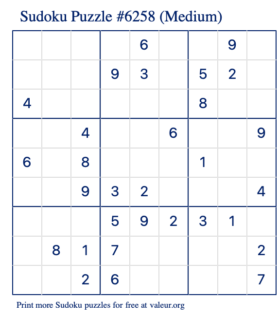 Free Printable Medium Sudoku Puzzle number 6258
