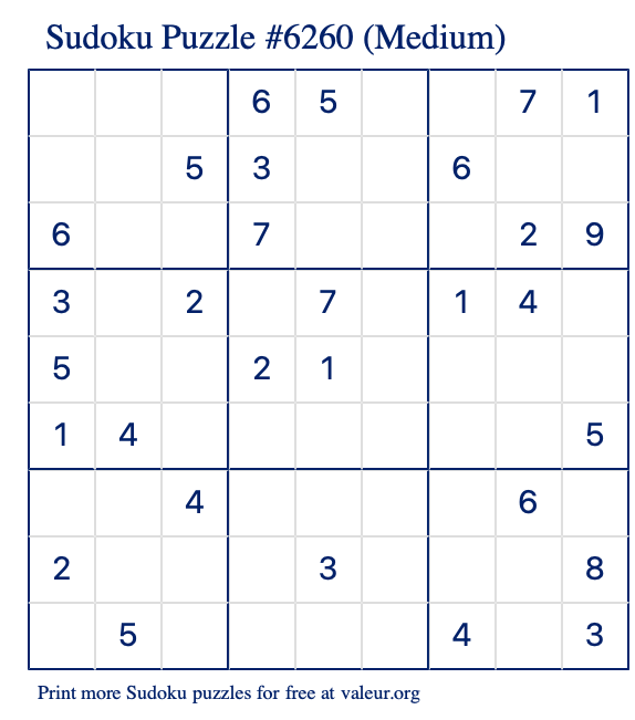 Free Printable Medium Sudoku Puzzle number 6260