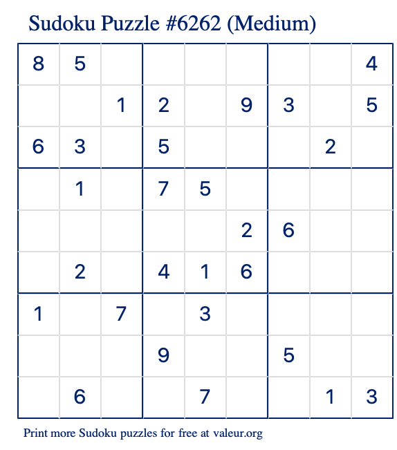 Free Printable Medium Sudoku Puzzle number 6262
