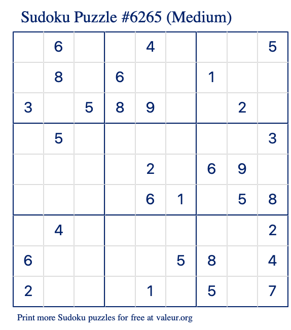 Free Printable Medium Sudoku Puzzle number 6265