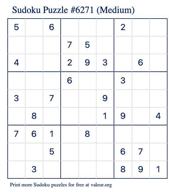 Free Printable Medium Sudoku Puzzle number 6271