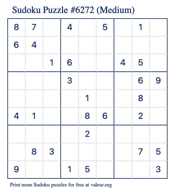 Free Printable Medium Sudoku Puzzle number 6272