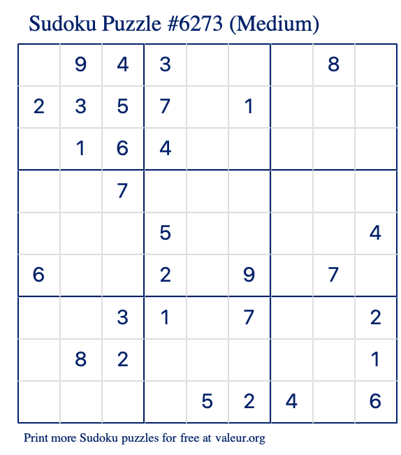 Free Printable Medium Sudoku Puzzle number 6273