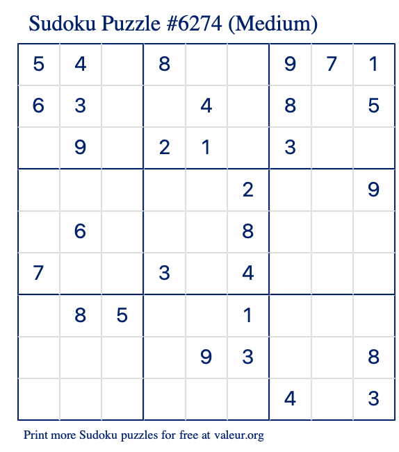 Free Printable Medium Sudoku Puzzle number 6274