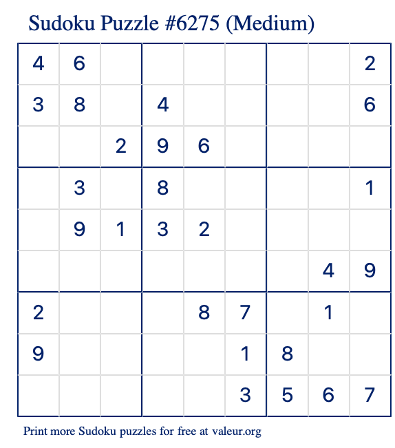 Free Printable Medium Sudoku Puzzle number 6275