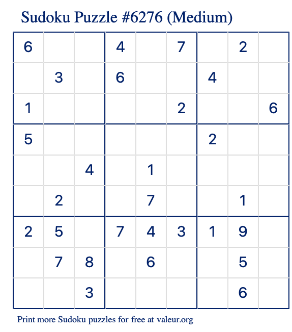 Free Printable Medium Sudoku Puzzle number 6276