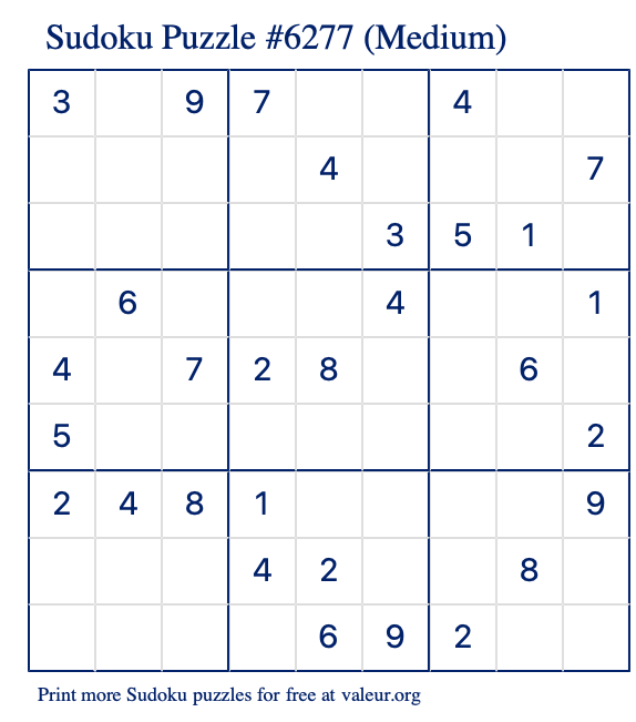 Free Printable Medium Sudoku Puzzle number 6277