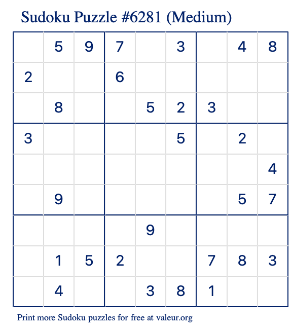 Free Printable Medium Sudoku Puzzle number 6281